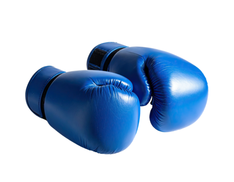 Two blue boxing gloves, on a black background, appear to be ready