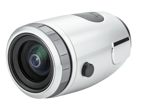 Compact, white action camera with a large lens, prominent button, and sleek design