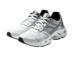 A pair of white and grey athletic shoes with a mesh design and black accents