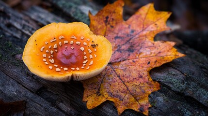 Bright orange mushroom with seeds lying next to an autumn leaf on a log in the forest during fall season