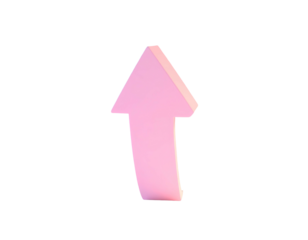 A pink, 3D rendered arrow pointing upwards against a stark black background