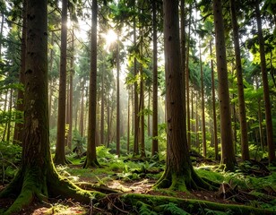 Obraz premium Sunlight streams through a dense forest (10)