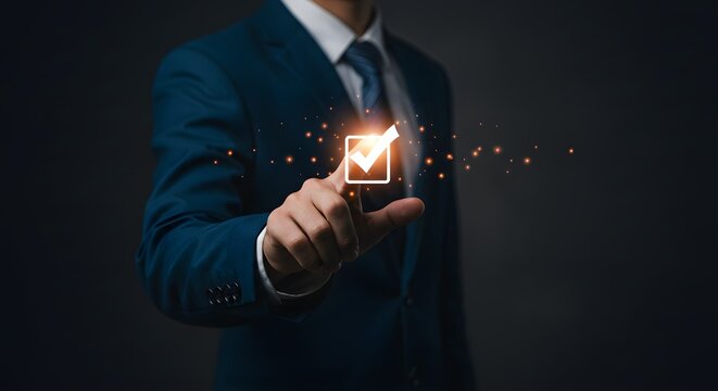 Businessman touching checkmark icon, concept of confirmation, approval, and completed task