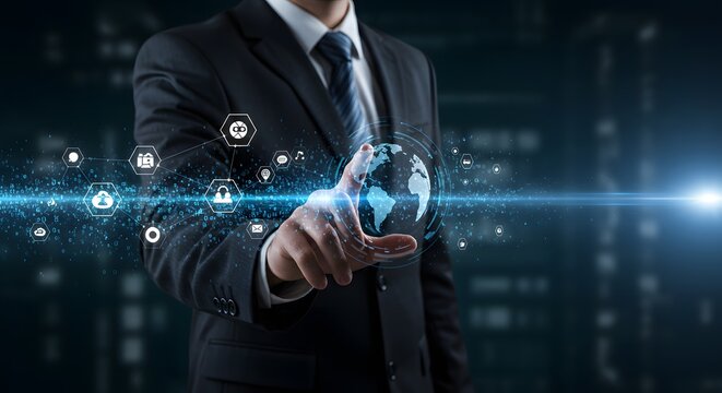 Businessman Touching Digital Globe with Connected Network Icons