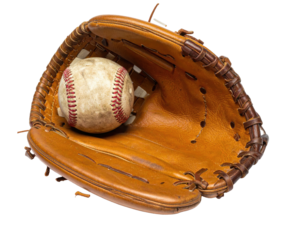 A well-worn baseball sits nestled in a leather glove, ready for play