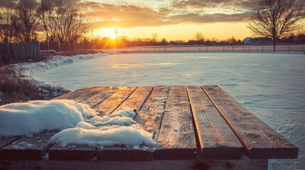 Sunset over frozen pond with wooden dock and fresh snow in winter landscape