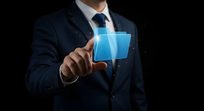 Businessman Touching Holographic Folder Icon, Data Management Concept