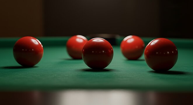 Five red billiard balls resting on a green felt pool table