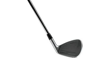 Golf club angled against a black background, ready for a swing