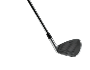 Golf club angled against a black background, ready for a swing