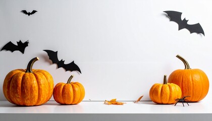 Minimal Halloween setup with pumpkins, bats, spider, and autumn leaves on white surface and wall.