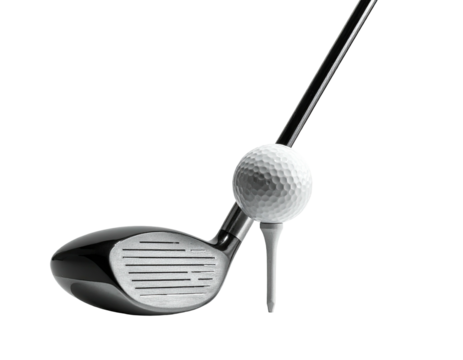 Close up of golf club holding ball on tee, isolated against black background