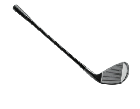 A golf club, angled diagonally, presented against a solid black background