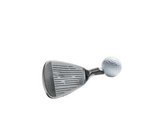Golf club wedge poised to strike a white ball against a stark black background