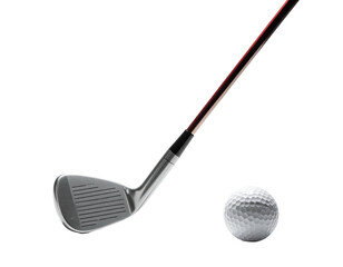 Golf club angled over a textured white golf ball, against a black background