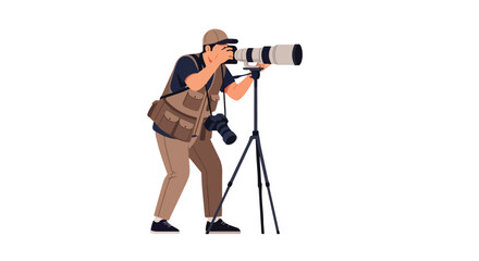 Professional wildlife photographer with telephoto lens capturing images on a tripod in a remote location