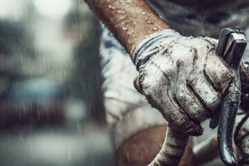 Steely Grip and Rain: A close-up shot captures the determined hand of a cyclist, gripping the handlebars with resolute strength amidst a downpour, encapsulating the relentless pursuit of competition.
