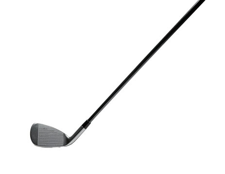 A golf club angled, presented against a plain black backdrop, isolated