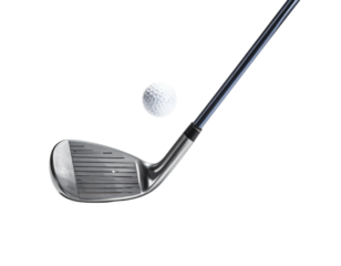 A golf club poised to strike a white ball in a classic, action-oriented pose