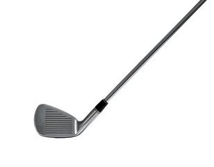 A detailed close-up shot of a golf club, angled, set against a black background