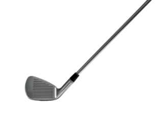 A detailed close-up shot of a golf club, angled, set against a black background