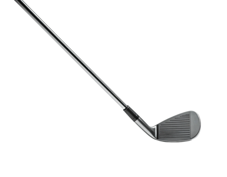 A golf club iron angled on a black background, head detailing visible