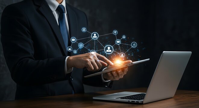 Businessman using tablet with social network connection, business communication concept