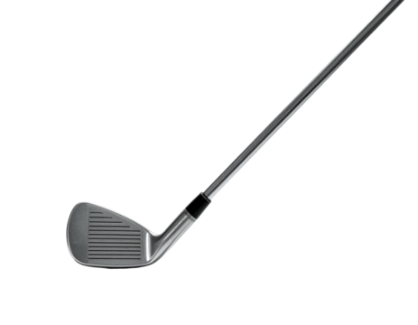 A detailed close-up shot of a golf club, angled, set against a black background