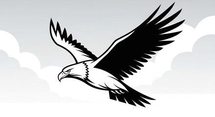 Obraz premium Eagle soars through the sky, wings spread, in a black and white illustration.