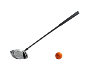 A golf club angled toward an orange ball against a black background