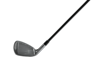 Metallic golf club against a black background, angled upward