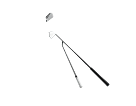 Three golf clubs against a black background, seemingly mid-swing