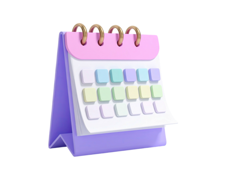 3D Render of a pastel calendar with spiral binding, isolated on black