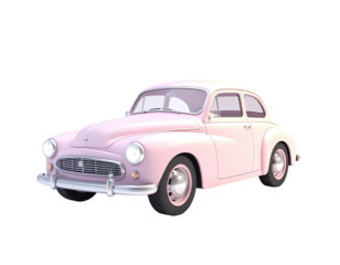 A charming vintage car, painted in a soft pink hue, isolated on a black background
