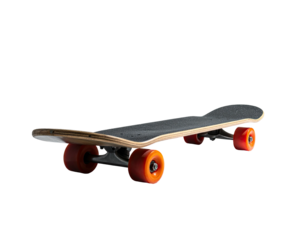 Angled view of a skateboard with orange wheels against a black background