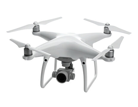 Sleek white aerial drone with four propellers and a camera, set against black - Powered by Adobe