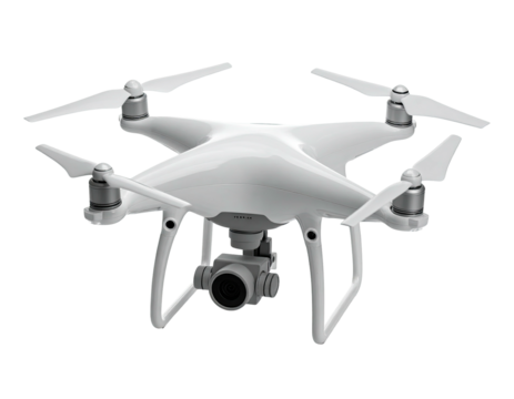 Sleek white aerial drone with four propellers and a camera, set against black