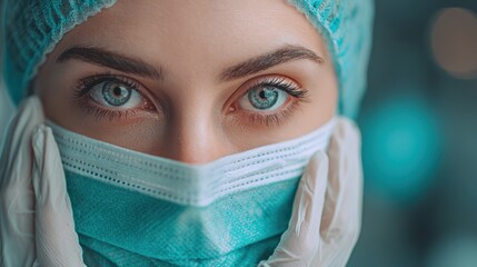 Portrait of a Medical Professional: Captivating closeup of a healthcare worker with determined eyes and protective gear, ready to serve and heal in a medical environment.