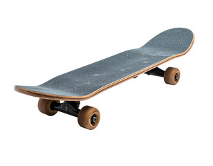 Angled view of a well-used skateboard with worn wheels on a black background
