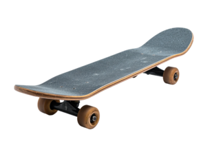 Angled view of a well-used skateboard with worn wheels on a black background