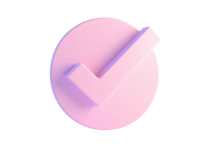 A 3D-rendered pastel pink checkmark icon floats against a stark black backdrop