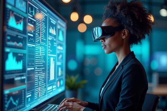 Innovative African American Female Entrepreneur Utilizing Augmented Reality Technology and Holographic Display in Futuristic Business Environment