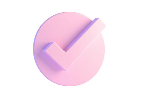 A 3D-rendered pastel pink checkmark icon floats against a stark black backdrop