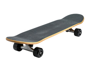Perspective shot of a well-used, wooden skateboard isolated on a solid black backdrop