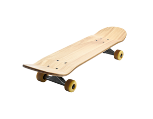 A wooden skateboard sits on a dark background, slightly angled, well-lit