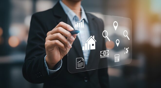 Businesswoman Analyzing Real Estate Market Data on Transparent Interface