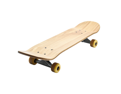 A wooden skateboard sits on a dark background, slightly angled, well-lit