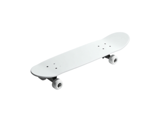Pristine white skateboard on a black background, angled, shadow minimal, clean lines