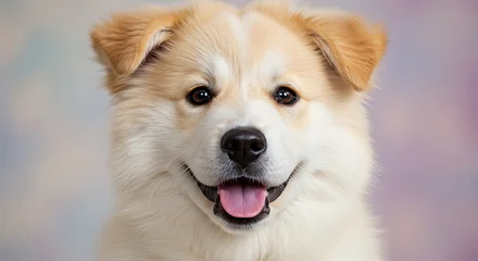 Fotobehang Dierenarts Smiling puppy portrait with light fur and attentive eyes against blurred backdrop  © Kroto