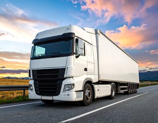 White truck on highway at sunset